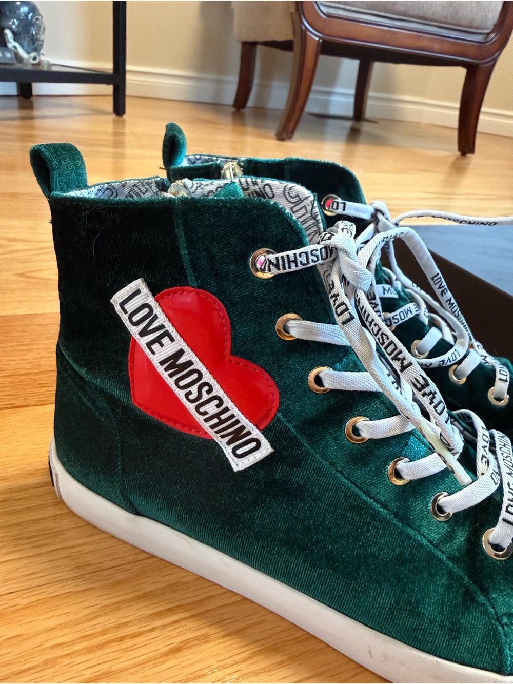 Love Moschino Green Velvet High-Top Sneakers with Red Heart Patch